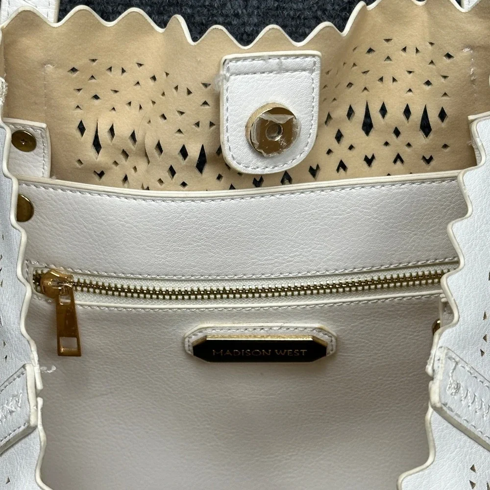 Madison West Laser Cut Perforated Scalloped White Vegan Leather‎ Tote Bag